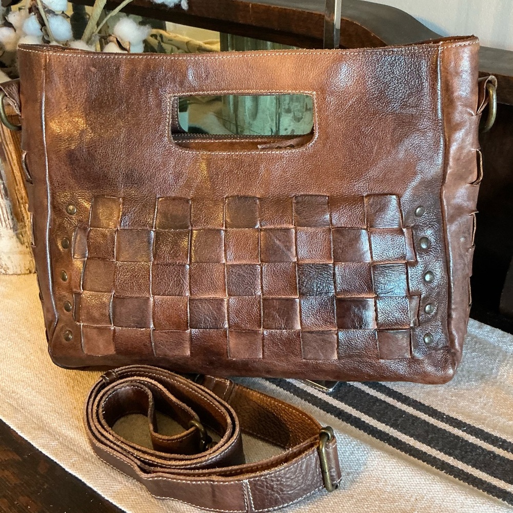 Bed Stu Orchid Woven Leather Handbag Crossbody Bag Teak Brown Retail $280 - Picture 4 of 12
